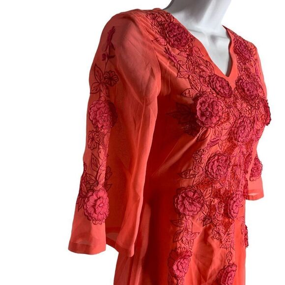 Vintage 60s Embroidered Chiffon Maxi Dress S Pink Floral Bell Sleeve Lined Zip - Picture 4 of 6
